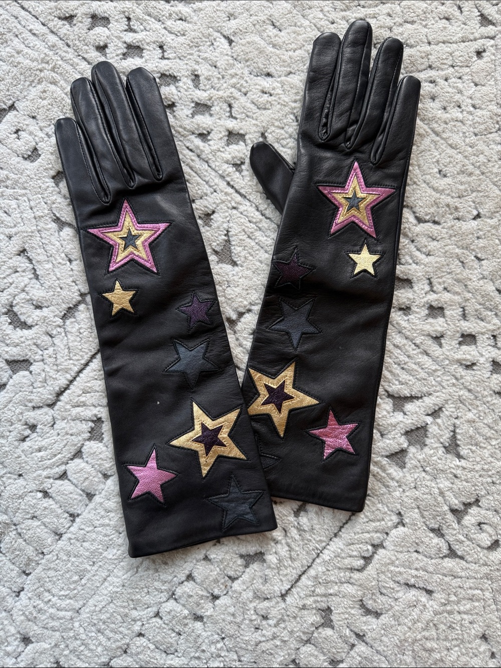 Black Leather Opera Gloves with Pink and Gold Star Appliqués